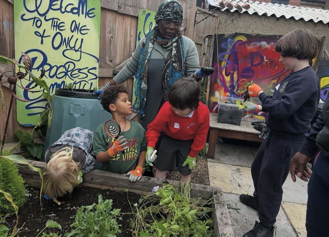 Green Arena Community Garden with raised beds and growing vegetables